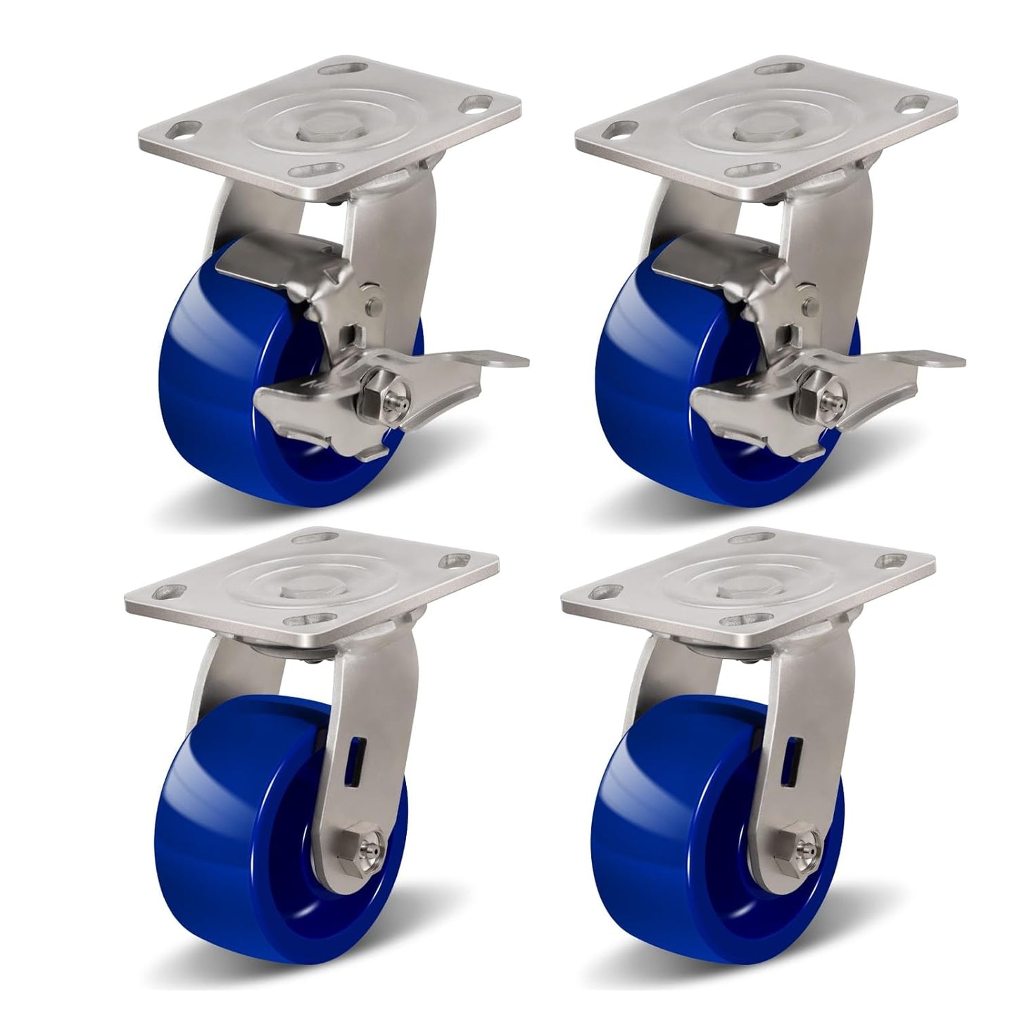Industrial Brake Caster ,Load Capacity 750 lbs Per Wheel,Heavy-Duty Solid Polyurethane Wheels with Stainless Steel Brackets for Food Processing, Pharmaceutical Labs