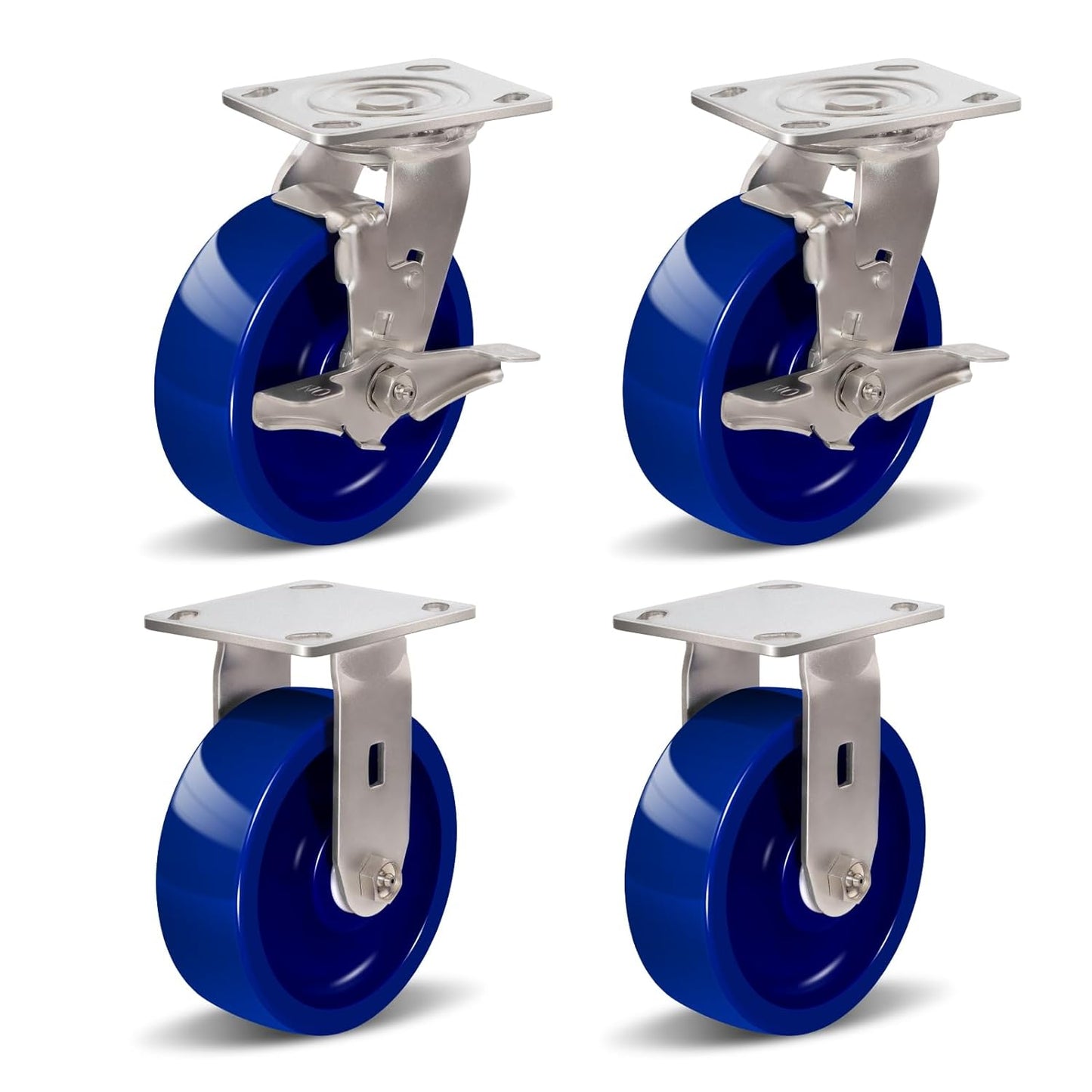 Industrial Brake Caster ,Load Capacity 750 lbs Per Wheel,Heavy-Duty Solid Polyurethane Wheels with Stainless Steel Brackets for Food Processing, Pharmaceutical Labs