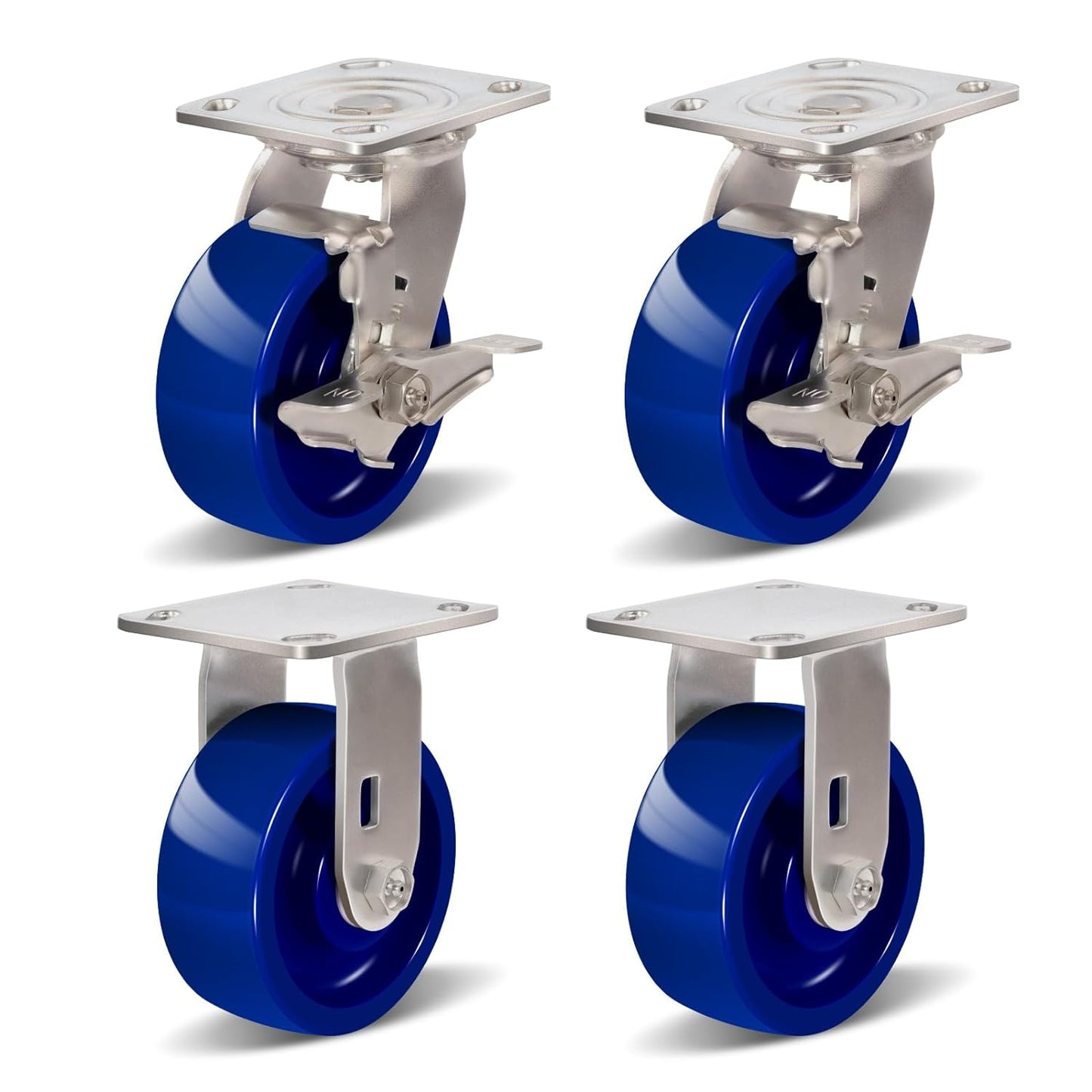 Industrial Brake Caster ,Load Capacity 750 lbs Per Wheel,Heavy-Duty Solid Polyurethane Wheels with Stainless Steel Brackets for Food Processing, Pharmaceutical Labs