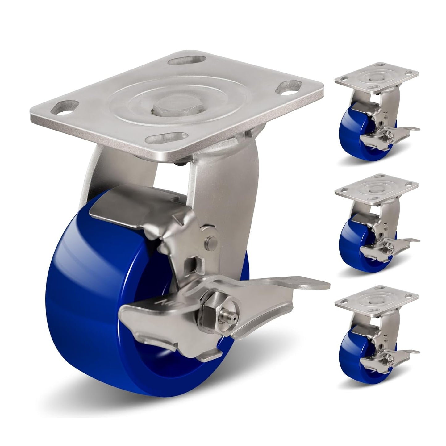 Industrial Brake Caster ,Load Capacity 750 lbs Per Wheel,Heavy-Duty Solid Polyurethane Wheels with Stainless Steel Brackets for Food Processing, Pharmaceutical Labs