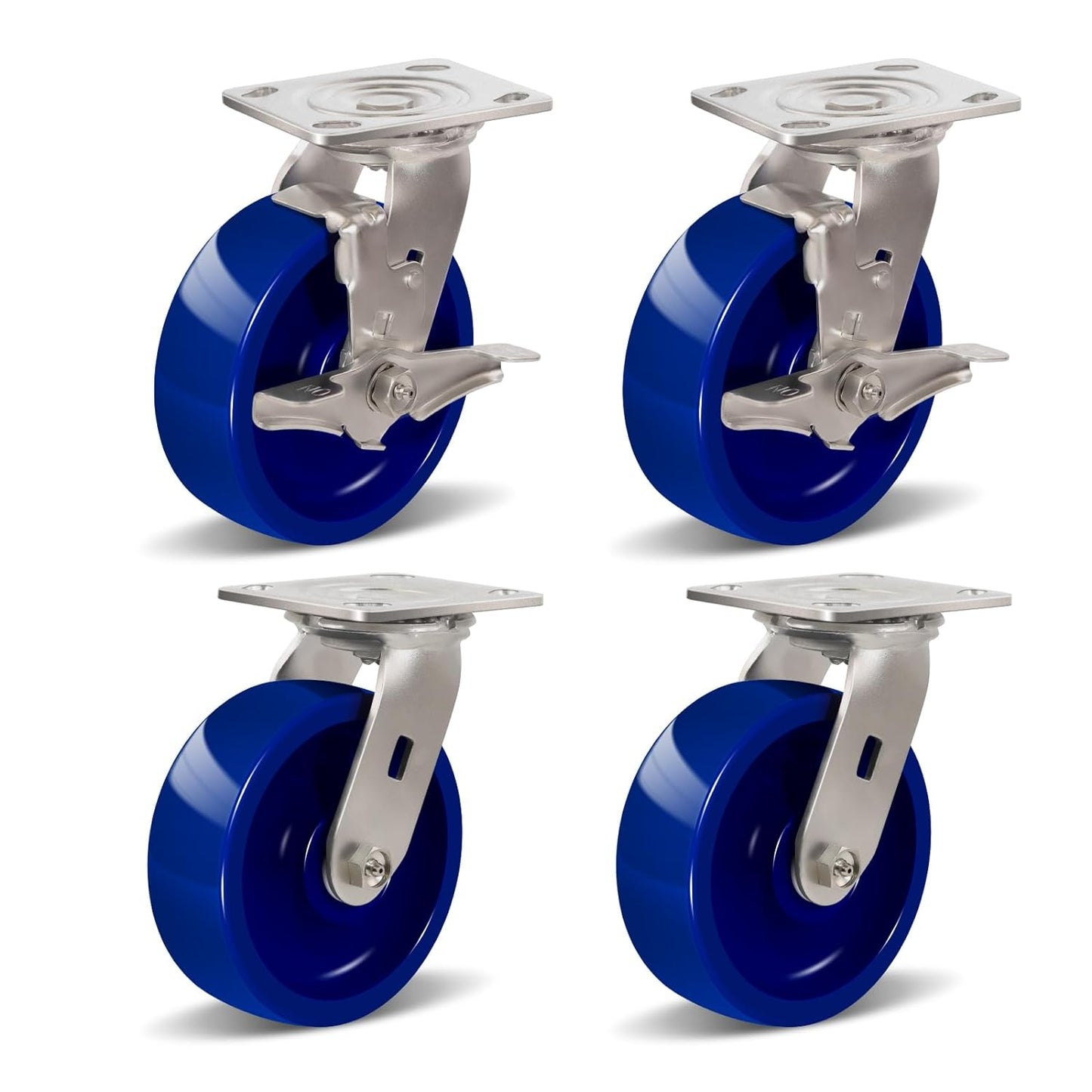 Industrial Brake Caster ,Load Capacity 750 lbs Per Wheel,Heavy-Duty Solid Polyurethane Wheels with Stainless Steel Brackets for Food Processing, Pharmaceutical Labs
