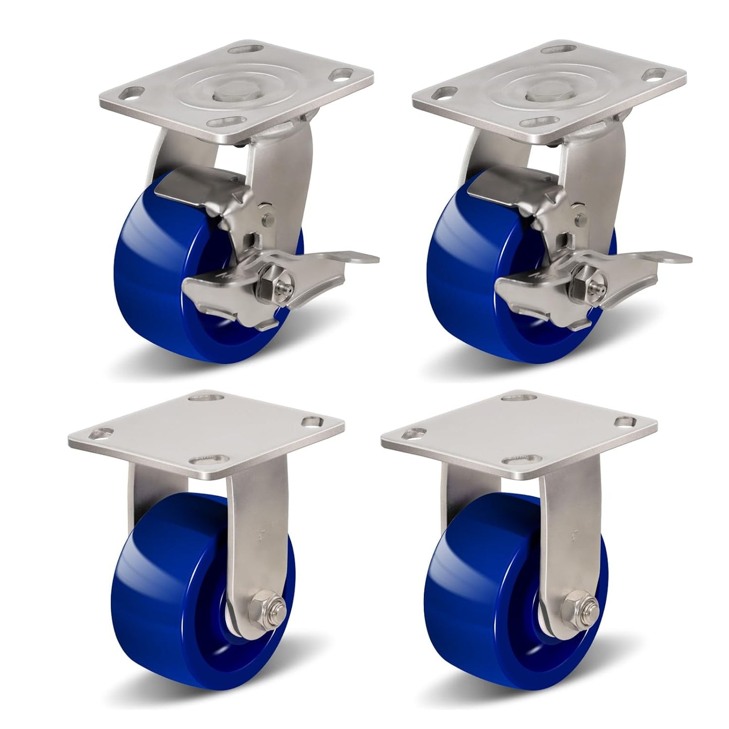 Industrial Brake Caster ,Load Capacity 750 lbs Per Wheel,Heavy-Duty Solid Polyurethane Wheels with Stainless Steel Brackets for Food Processing, Pharmaceutical Labs