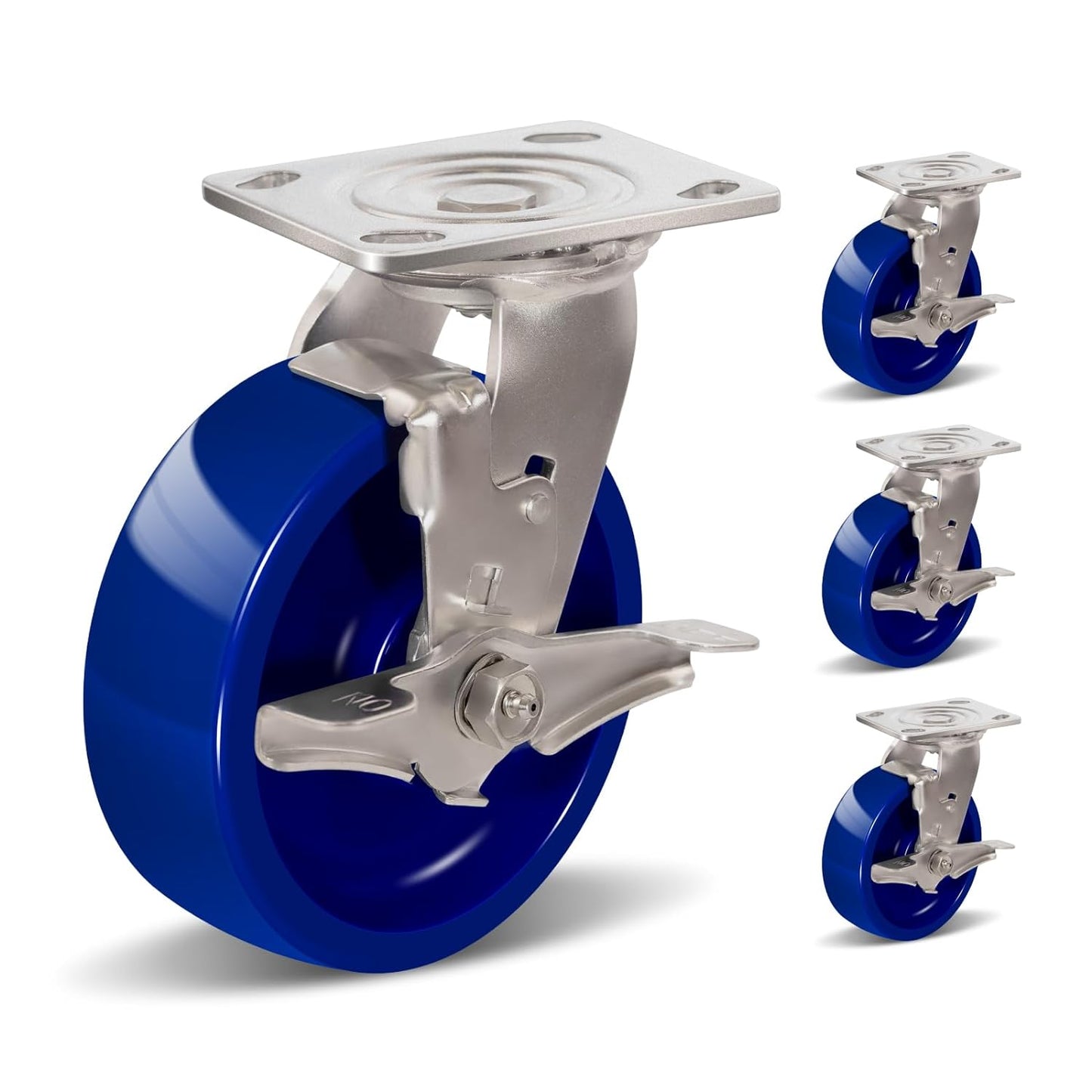 Industrial Brake Caster ,Load Capacity 750 lbs Per Wheel,Heavy-Duty Solid Polyurethane Wheels with Stainless Steel Brackets for Food Processing, Pharmaceutical Labs