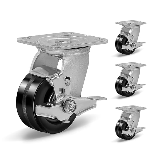 Heavy Duty Industrial Casters, Swivel w/Top Lock Brake, Black Non-Marking Phenolic Wheel, Load Capacity 800 lbs