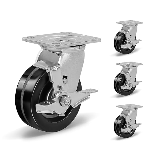 Heavy Duty Industrial Casters, Swivel w/Top Lock Brake, Black Non-Marking Phenolic Wheel, Load Capacity 800 lbs