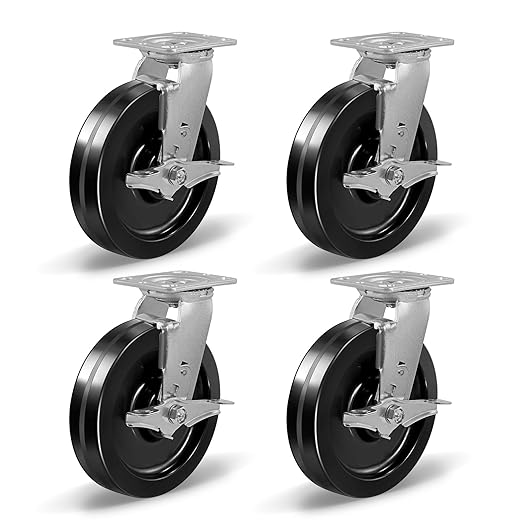 Heavy Duty Industrial Casters, Swivel w/Top Lock Brake, Black Non-Marking Phenolic Wheel, Load Capacity 800 lbs