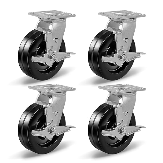 Heavy Duty Industrial Casters, Swivel w/Top Lock Brake, Black Non-Marking Phenolic Wheel, Load Capacity 800 lbs