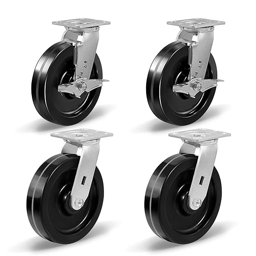 Heavy Duty Industrial Casters, Swivel w/Top Lock Brake, Black Non-Marking Phenolic Wheel, Load Capacity 800 lbs