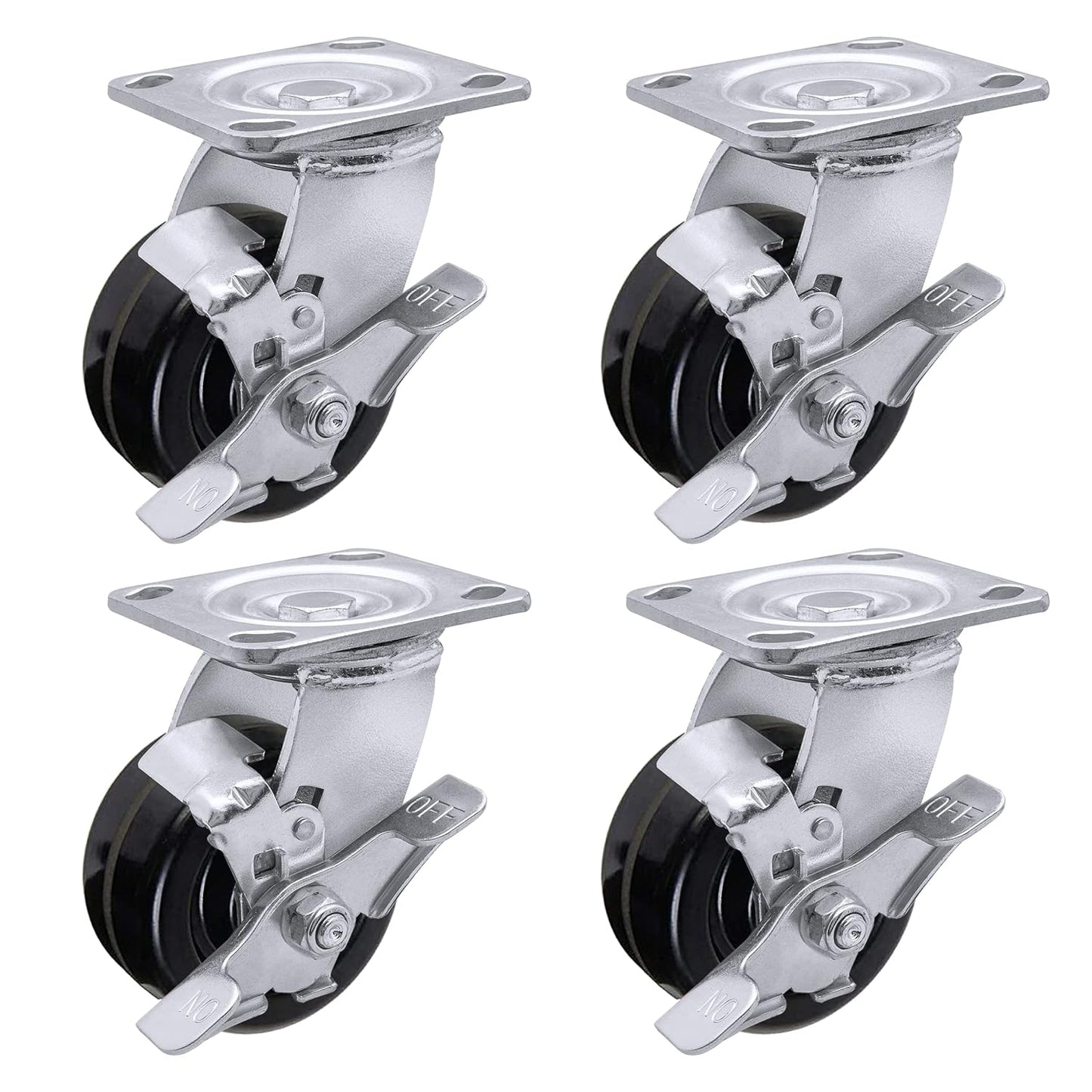 Heavy Duty Industrial Casters, Swivel w/Top Lock Brake, Black Non-Marking Phenolic Wheel, Load Capacity 800 lbs