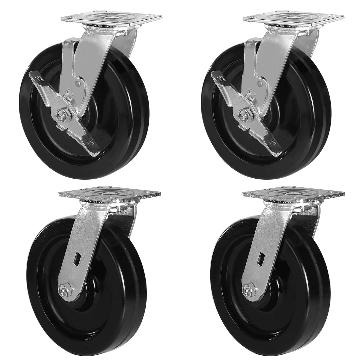Heavy Duty Industrial Casters, Swivel w/Top Lock Brake, Black Non-Marking Phenolic Wheel, Load Capacity 800 lbs