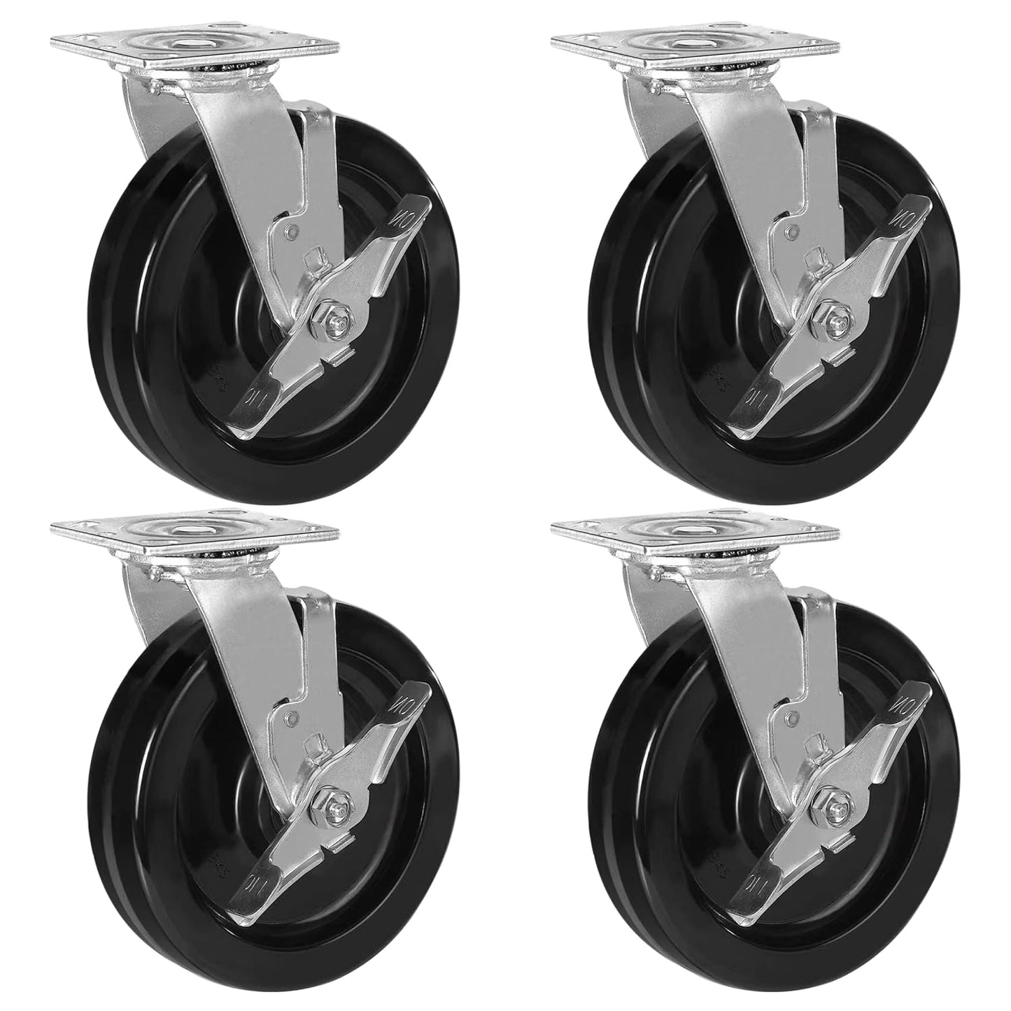 Heavy Duty Industrial Casters, Swivel w/Top Lock Brake, Black Non-Marking Phenolic Wheel, Load Capacity 800 lbs