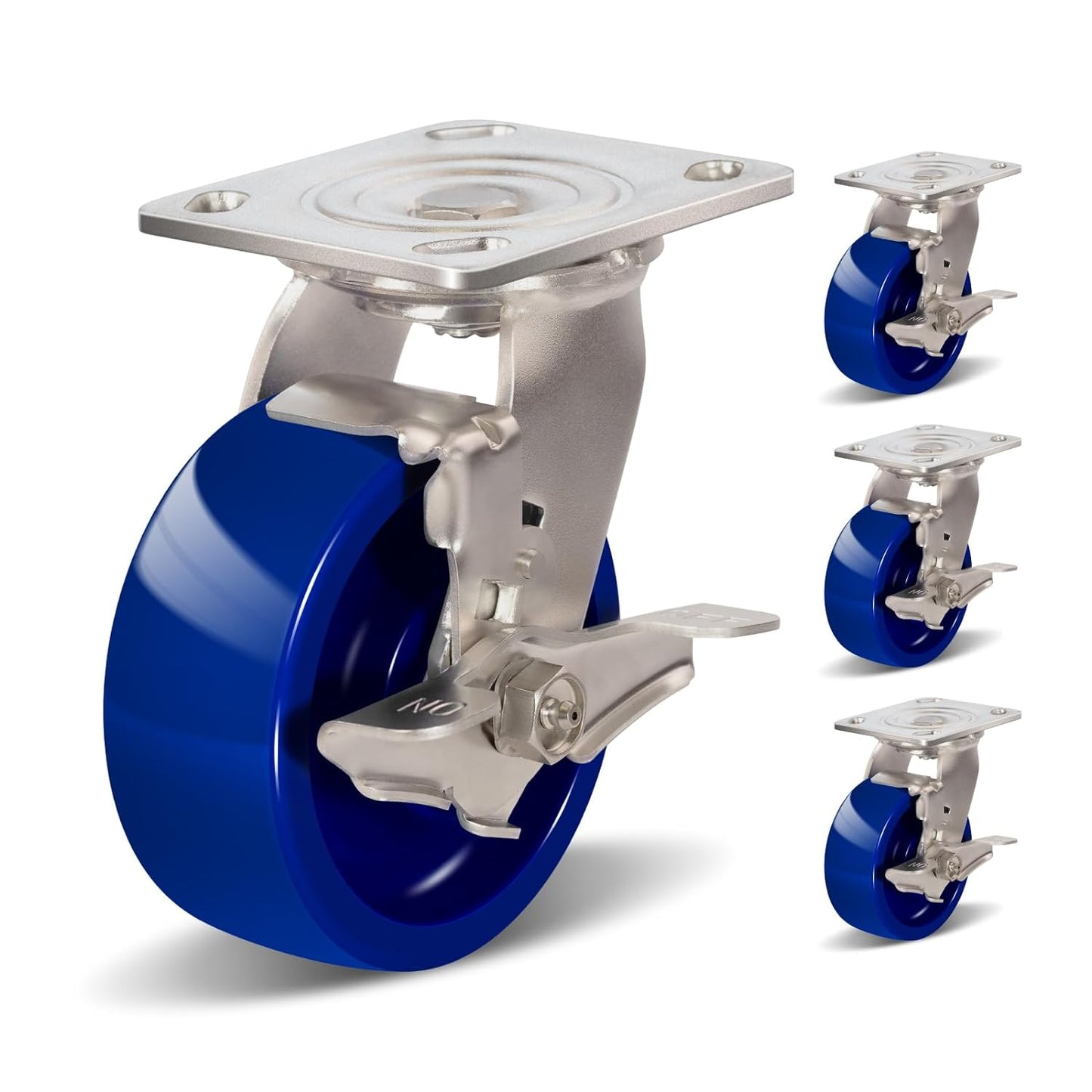 Industrial Brake Caster ，Load Capacity 750 lbs Per Wheel，Heavy-Duty Solid Polyurethane Wheels with Stainless Steel Brackets for Food Processing, Pharmaceutical Labs