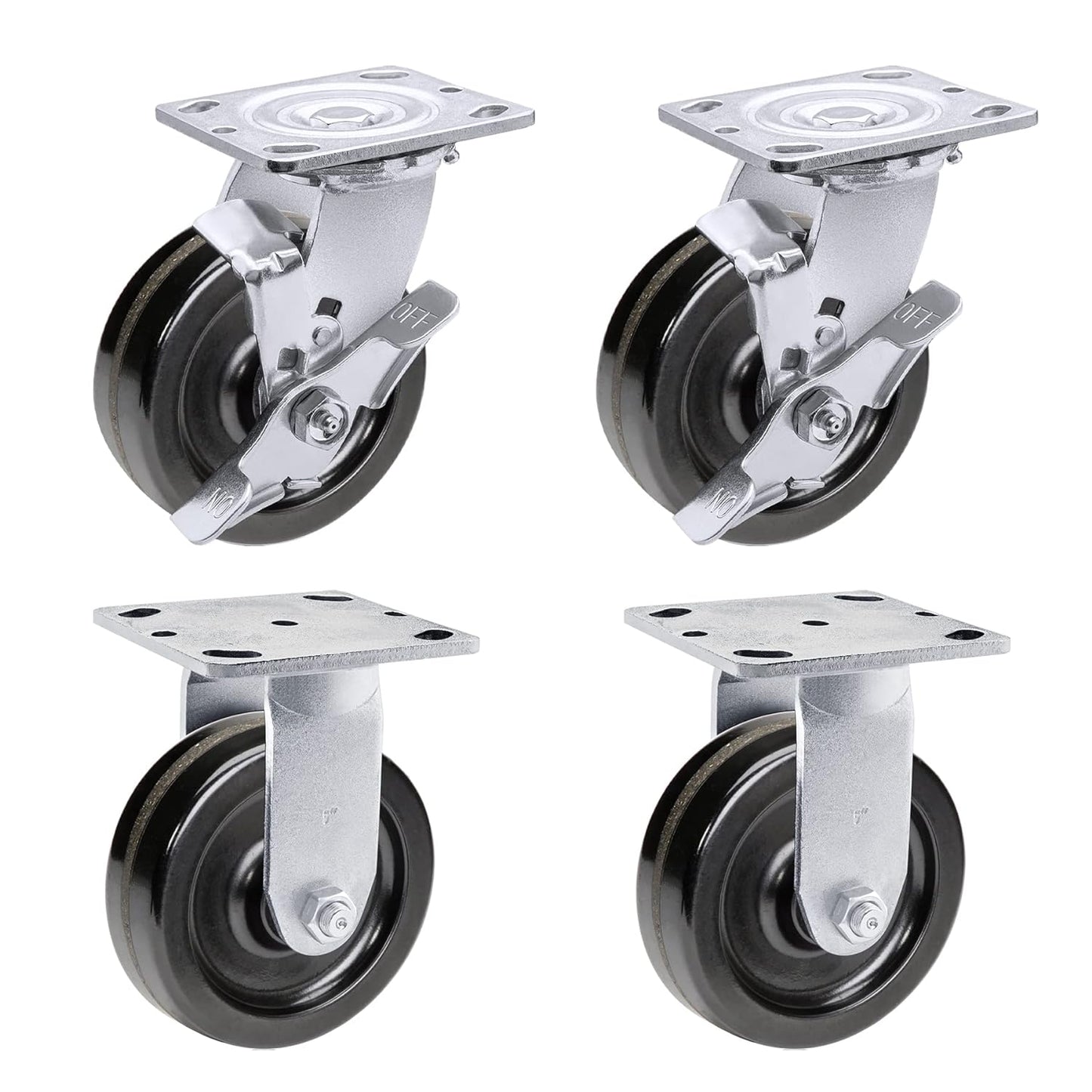 Heavy Duty Industrial Casters, Swivel w/Top Lock Brake, Black Non-Marking Phenolic Wheel, Load Capacity 800 lbs