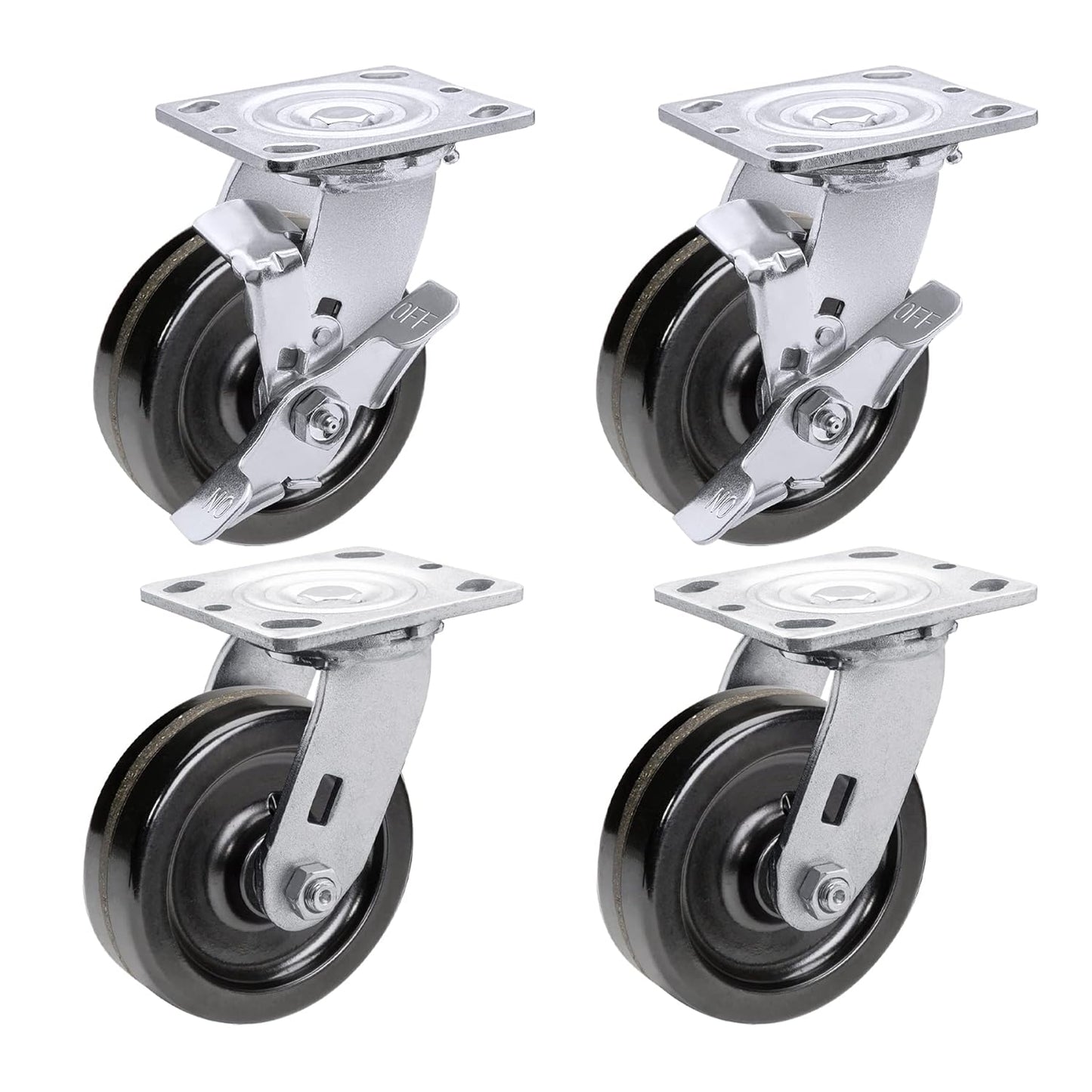 Heavy Duty Industrial Casters, Swivel w/Top Lock Brake, Black Non-Marking Phenolic Wheel, Load Capacity 800 lbs