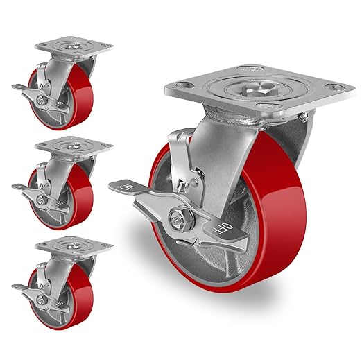 Polyurethane Wheel on Steel Hub, Industrial Brake Caster Heavy Duty with 800 LB Load Capacity, No Noise for Toolbox Workbench