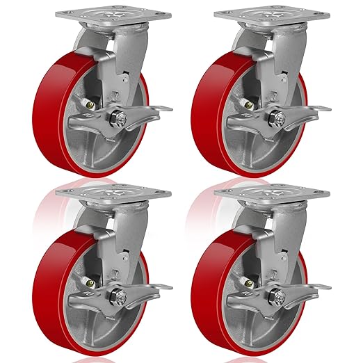 Polyurethane Wheel on Steel Hub, Industrial Brake Caster Heavy Duty with 800 LB Load Capacity, No Noise for Toolbox Workbench