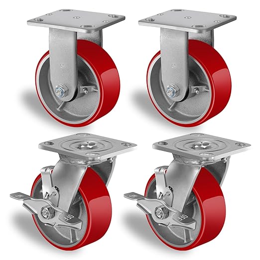 Polyurethane Wheel on Steel Hub, Industrial Brake Caster Heavy Duty with 800 LB Load Capacity, No Noise for Toolbox Workbench