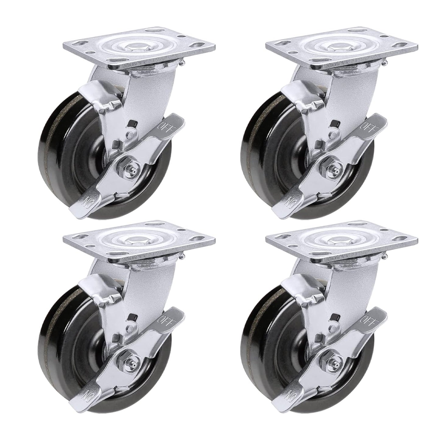 Heavy Duty Industrial Casters, Swivel w/Top Lock Brake, Black Non-Marking Phenolic Wheel, Load Capacity 800 lbs