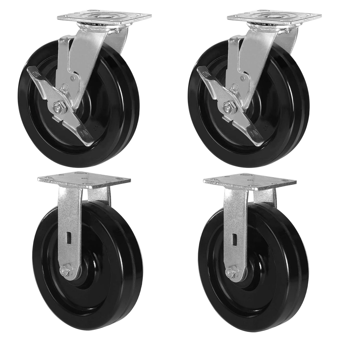 Heavy Duty Industrial Casters, Swivel w/Top Lock Brake, Black Non-Marking Phenolic Wheel, Load Capacity 800 lbs