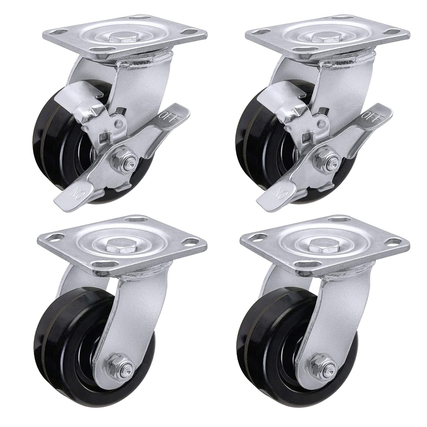 Heavy Duty Industrial Casters, Swivel w/Top Lock Brake, Black Non-Marking Phenolic Wheel, Load Capacity 800 lbs